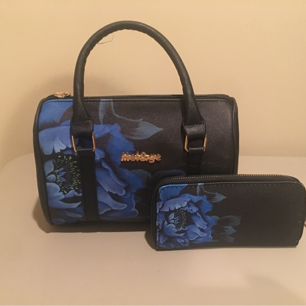 Mei&ge Black and Blue Floral Women's Bag Set